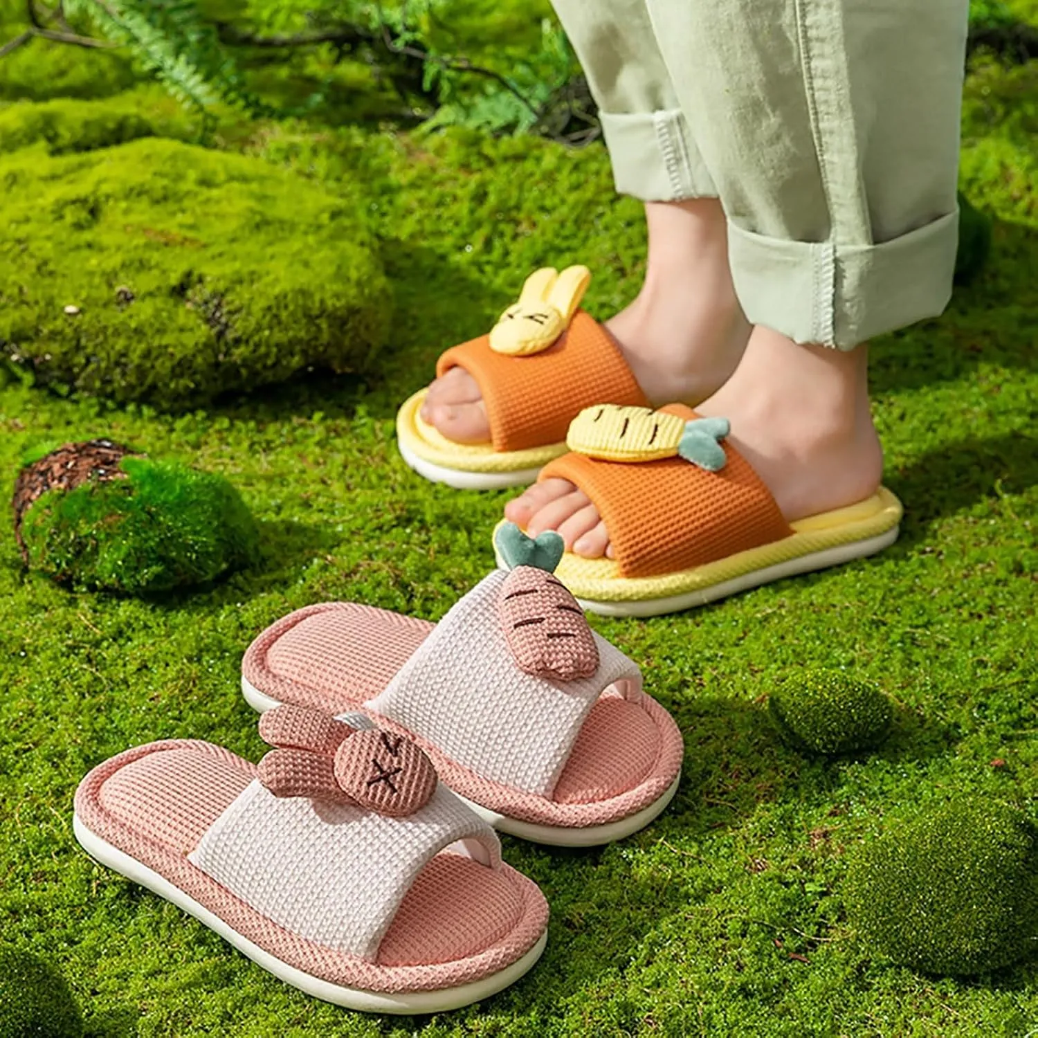 Cute Bunny Cotton Linen Slippers for Kids Girls Aesthetic Comfy Soft Sole Slip On Open Toe Indoor House Home Slides