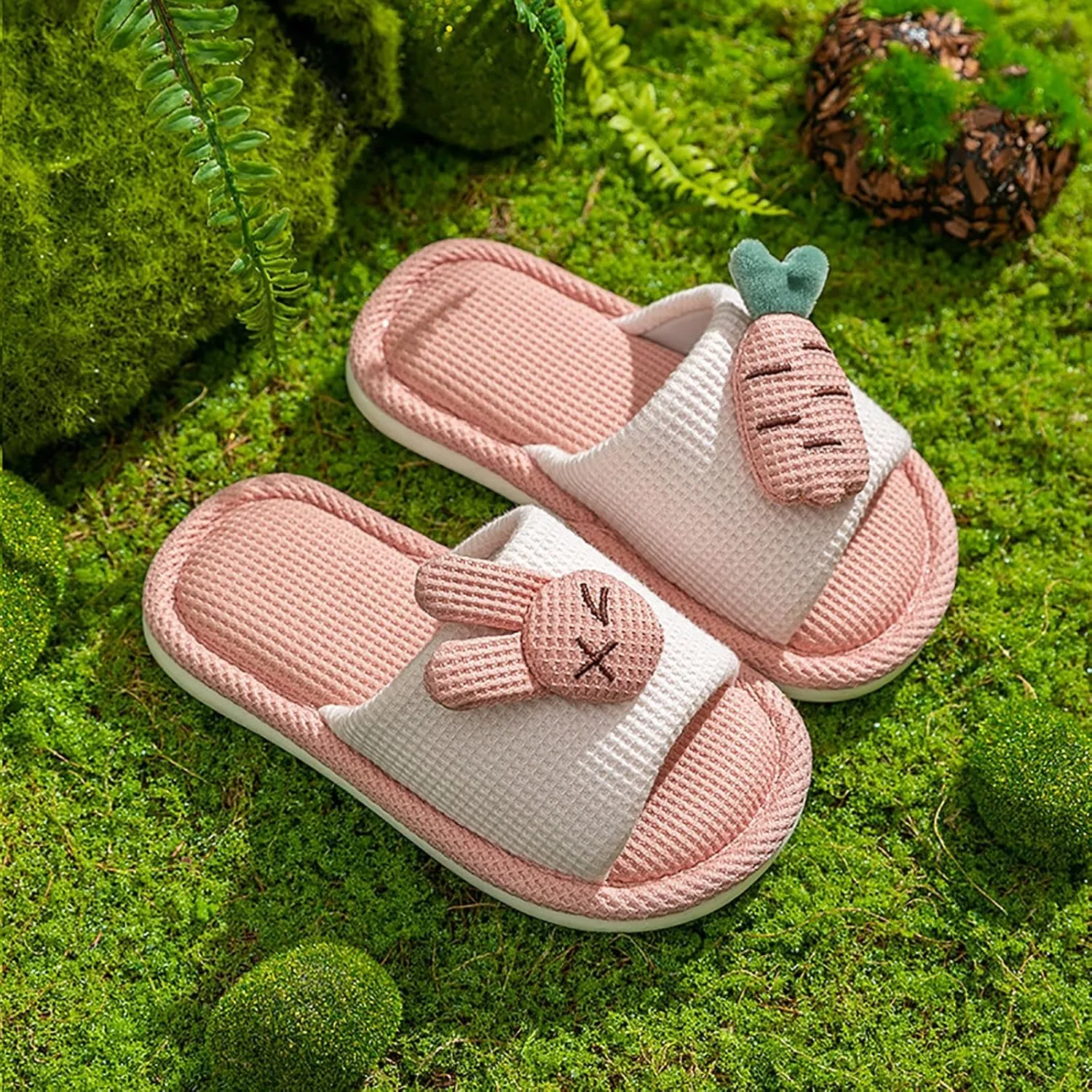 Cute Bunny Cotton Linen Slippers for Kids Girls Aesthetic Comfy Soft Sole Slip On Open Toe Indoor House Home Slides