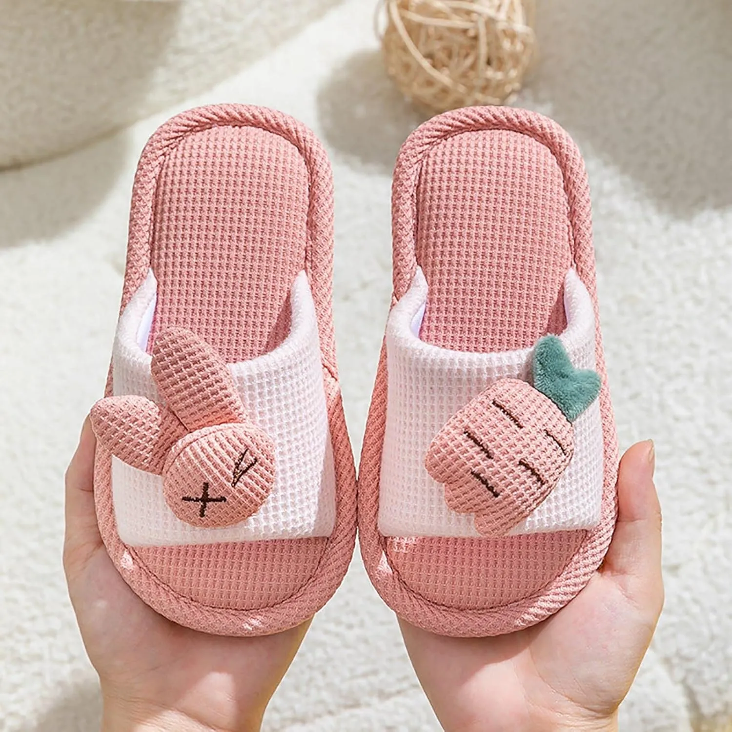 Cute Bunny Cotton Linen Slippers for Kids Girls Aesthetic Comfy Soft Sole Slip On Open Toe Indoor House Home Slides