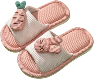 Cute Bunny Cotton Linen Slippers for Kids Girls Aesthetic Comfy Soft Sole Slip On Open Toe Indoor House Home Slides