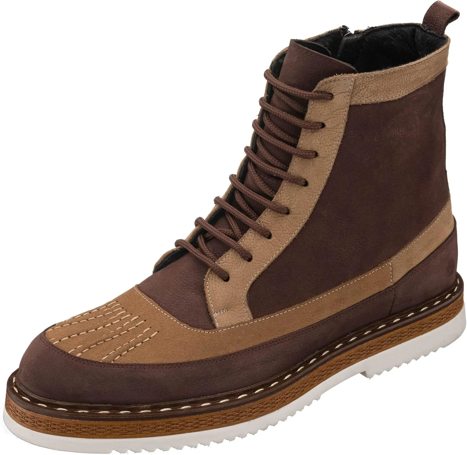 DALGALA Men's Brown&Sand Brown Genuine Leather and Nubuck Handmade Causal Lace-Up Ankle Boots with Zipper Closure Men's Fashion Combat Boots
