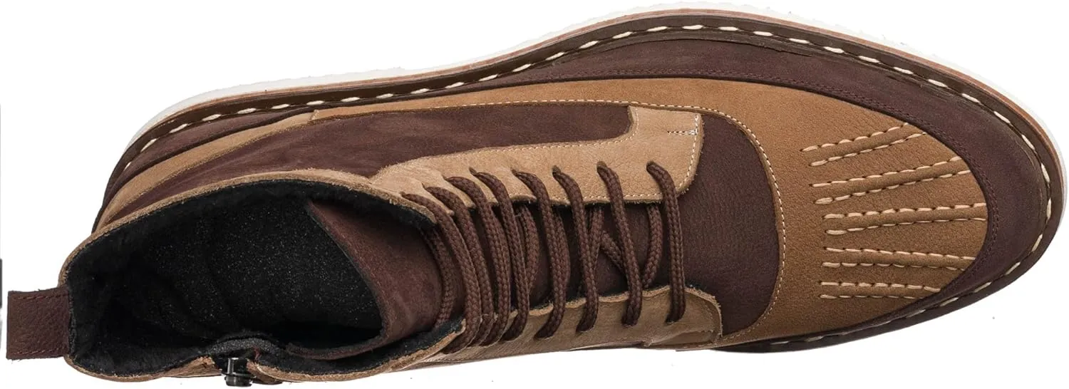 DALGALA Men's Brown&Sand Brown Genuine Leather and Nubuck Handmade Causal Lace-Up Ankle Boots with Zipper Closure Men's Fashion Combat Boots