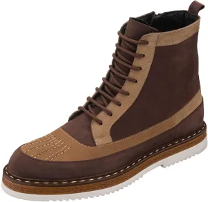 DALGALA Men's Brown&Sand Brown Genuine Leather and Nubuck Handmade Causal Lace-Up Ankle Boots with Zipper Closure Men's Fashion Combat Boots