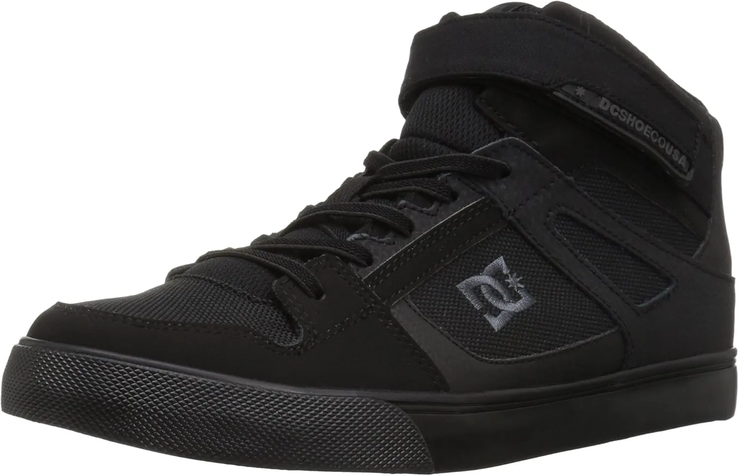 DC boys Pure High Top Ev With Ankle Strap and Elastic Laces Skate Shoe, Black/Black/Black, 13.5 Little Kid US