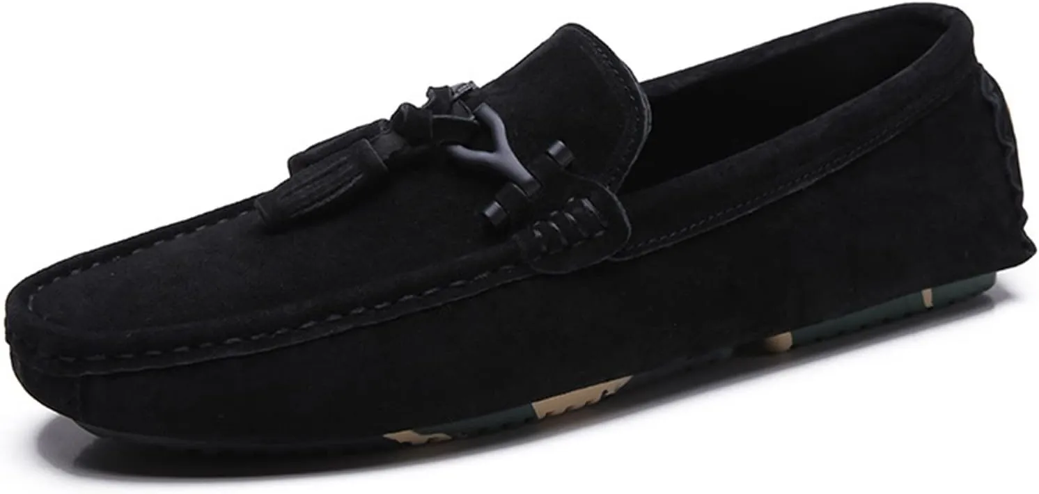Driving Moccasins for Men Tassel Suede Vamp Genuine Leather Stitching Details Round Toe Soft Comfortable Resistant Walking Slip On for Any Attire