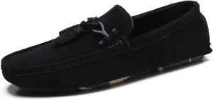 Driving Moccasins for Men Tassel Suede Vamp Genuine Leather Stitching Details Round Toe Soft Comfortable Resistant Walking Slip On for Any Attire