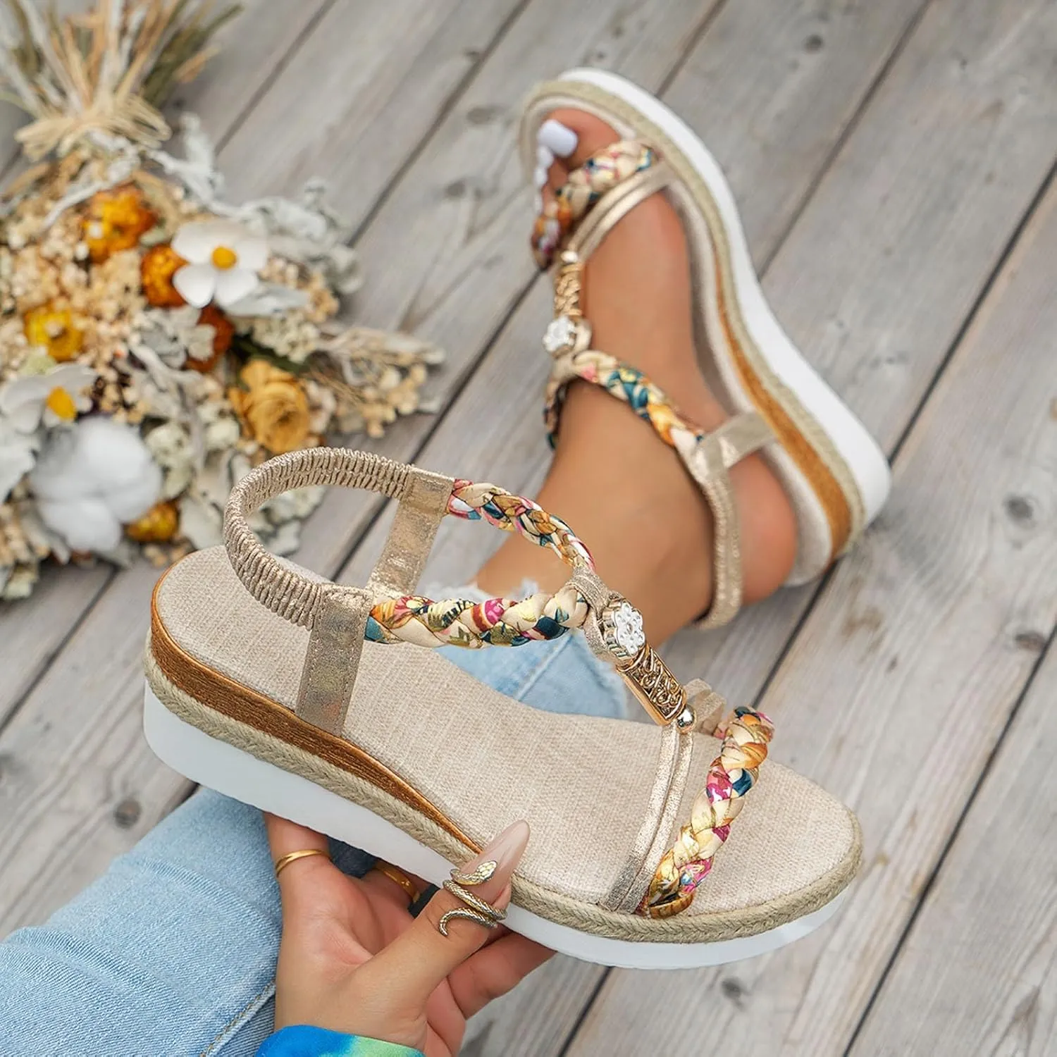 Eduavar Sandals Women Open Toe Buckle Ankle Strap Espadrilles Flatform Wedge Casual Sandal for Dressy Casual Summers Beach