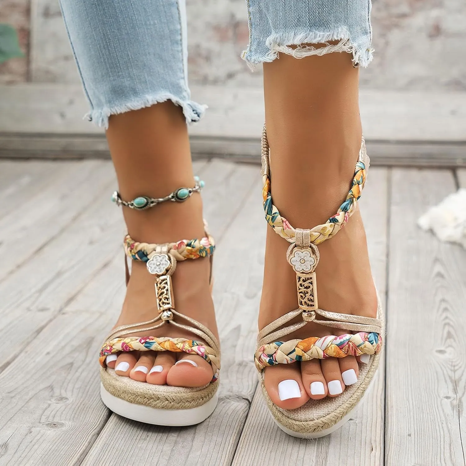 Eduavar Sandals Women Open Toe Buckle Ankle Strap Espadrilles Flatform Wedge Casual Sandal for Dressy Casual Summers Beach