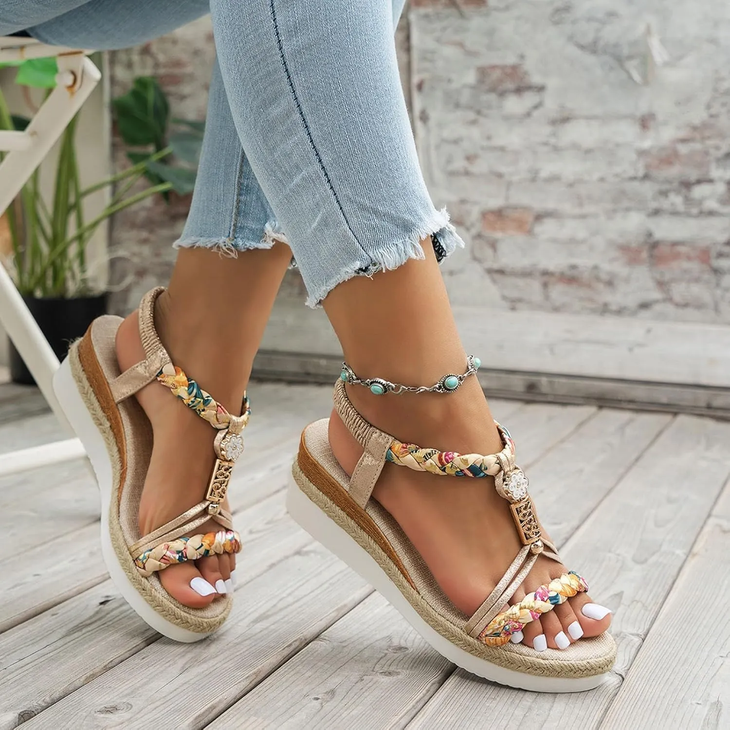 Eduavar Sandals Women Open Toe Buckle Ankle Strap Espadrilles Flatform Wedge Casual Sandal for Dressy Casual Summers Beach