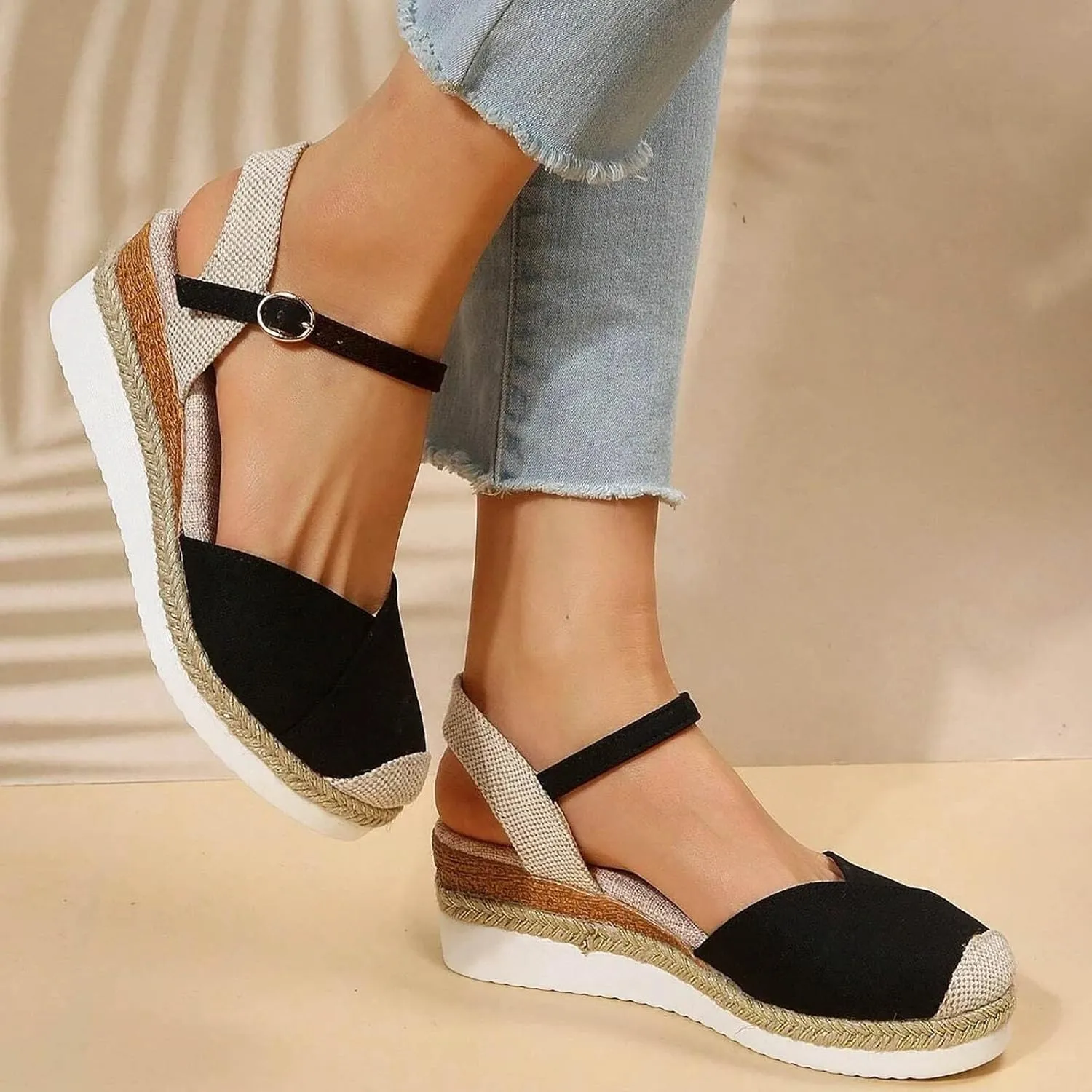 Espadrilles Wedges for Women Closed Toe Women's Low Wedge Sandals Comfortable Slip on Elastic Ankle Strap Walking Platform Wedge Sandal Heel Casual