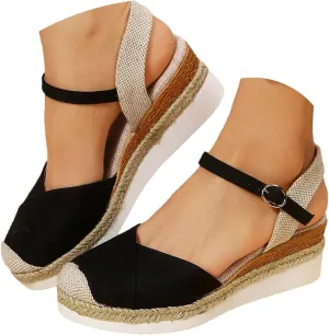 Espadrilles Wedges for Women Closed Toe Women's Low Wedge Sandals Comfortable Slip on Elastic Ankle Strap Walking Platform Wedge Sandal Heel Casual