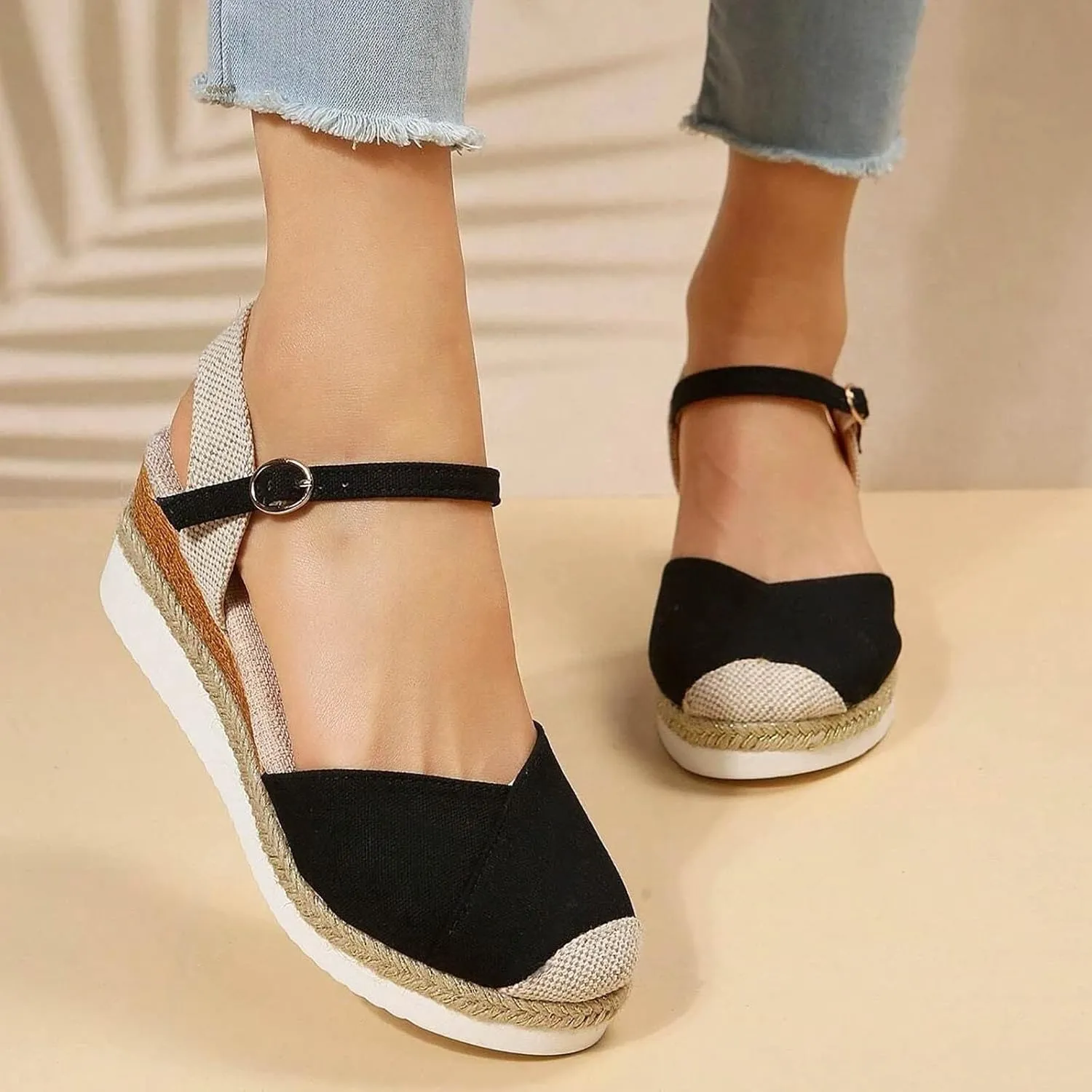 Espadrilles Wedges for Women Closed Toe Women's Low Wedge Sandals Comfortable Slip on Elastic Ankle Strap Walking Platform Wedge Sandal Heel Casual