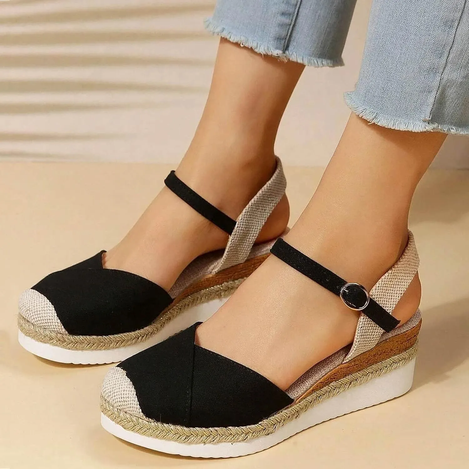 Espadrilles Wedges for Women Closed Toe Women's Low Wedge Sandals Comfortable Slip on Elastic Ankle Strap Walking Platform Wedge Sandal Heel Casual
