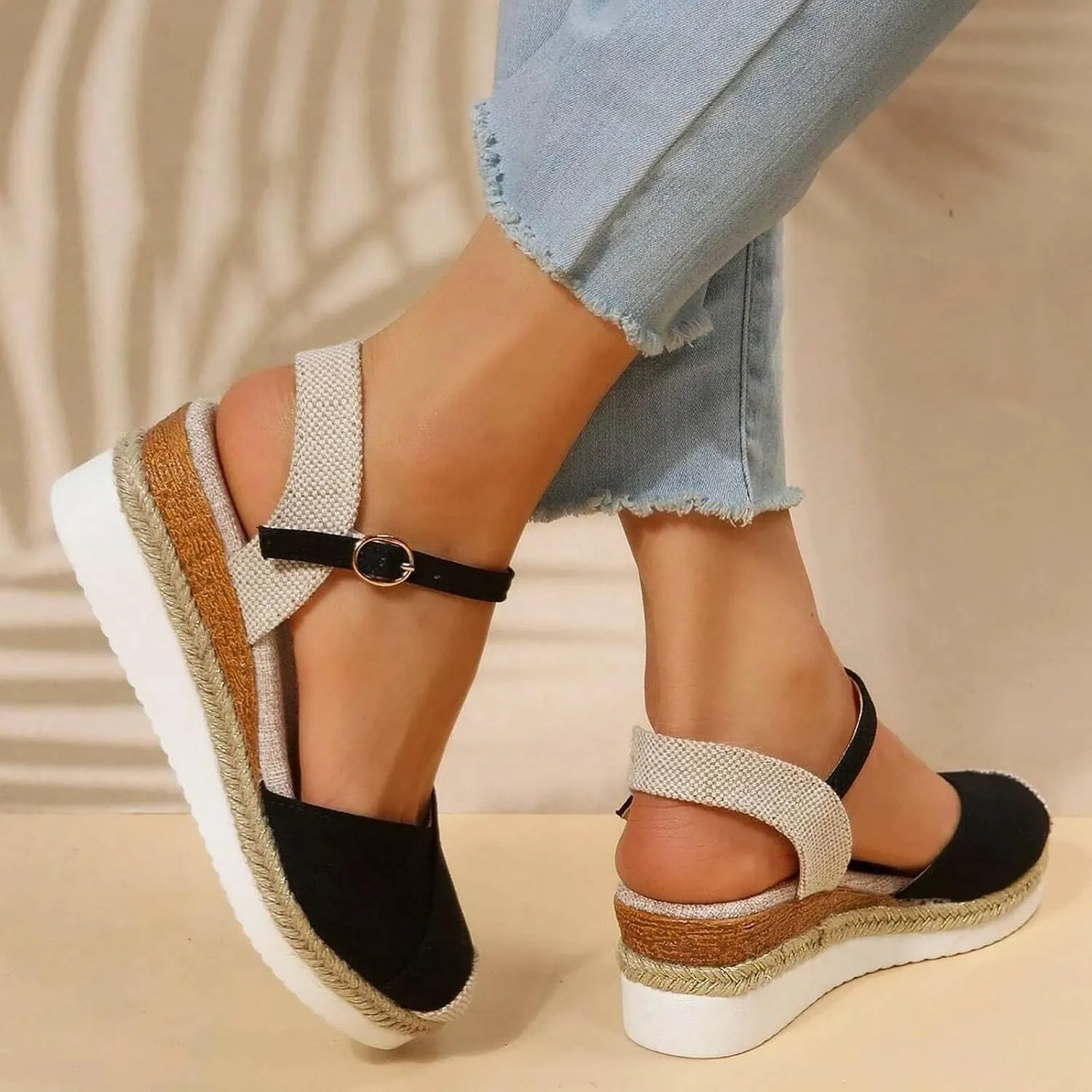 Espadrilles Wedges for Women Closed Toe Women's Low Wedge Sandals Comfortable Slip on Elastic Ankle Strap Walking Platform Wedge Sandal Heel Casual