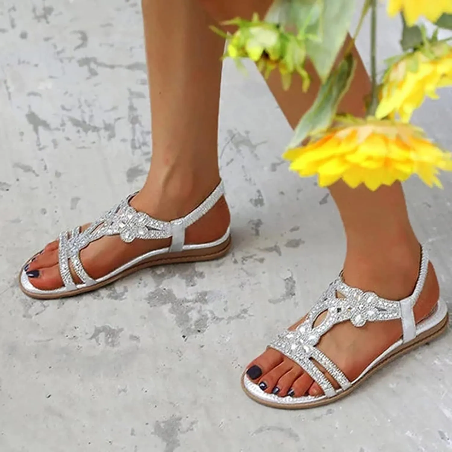 Flat Sandals for Women Dressy,Summer T-Strap Beaded Flower Rhinestone Sandals Comfortable Open Toe Dress Beach Shoes