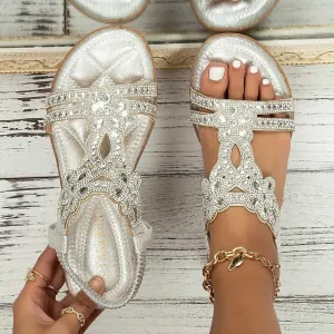 Flat Sandals for Women Dressy,Summer T-Strap Beaded Flower Rhinestone Sandals Comfortable Open Toe Dress Beach Shoes