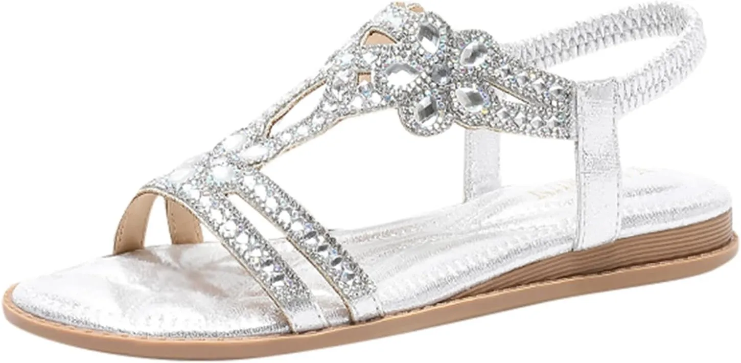 Flat Sandals for Women Dressy,Summer T-Strap Beaded Flower Rhinestone Sandals Comfortable Open Toe Dress Beach Shoes