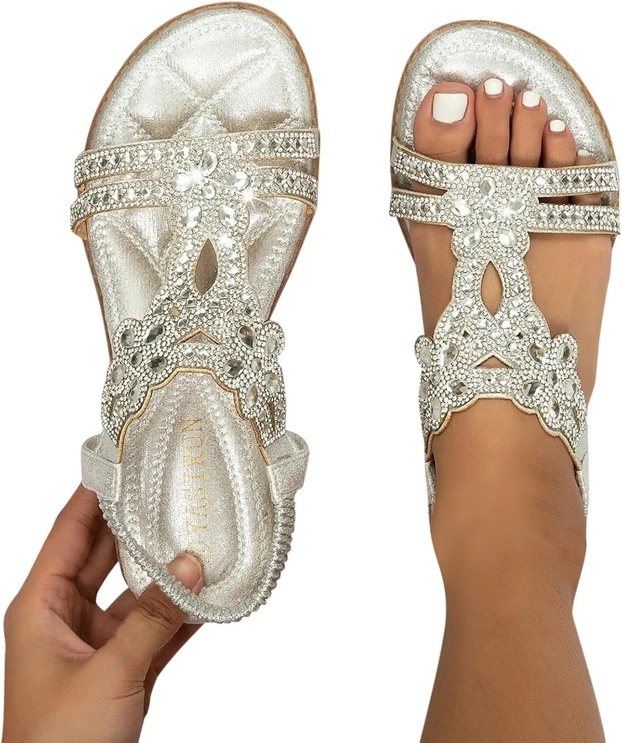 Flat Sandals for Women Dressy,Summer T-Strap Beaded Flower Rhinestone Sandals Comfortable Open Toe Dress Beach Shoes