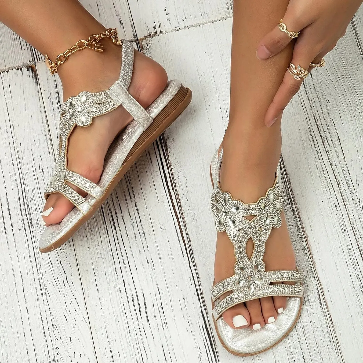 Flat Sandals for Women Dressy,Summer T-Strap Beaded Flower Rhinestone Sandals Comfortable Open Toe Dress Beach Shoes