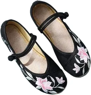 Flower Embroidered Women Comfortable Canvas Ballet Flats Instep Buckles Ladies Casual Flat Shoes