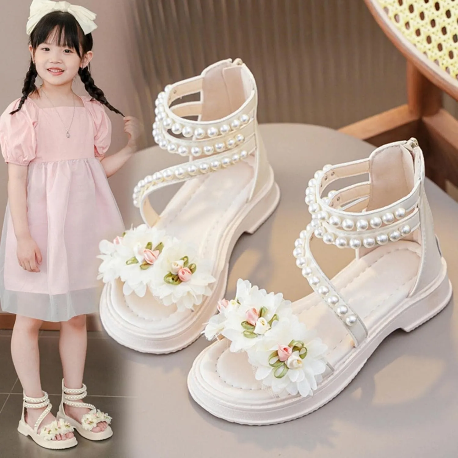 Girls Casual Gladiator Strap Sandals Baby Kids Soft Sole Pearl Strap Flower Shoes Open Toe Low Heel Princess Flats