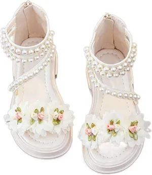 Girls Casual Gladiator Strap Sandals Baby Kids Soft Sole Pearl Strap Flower Shoes Open Toe Low Heel Princess Flats