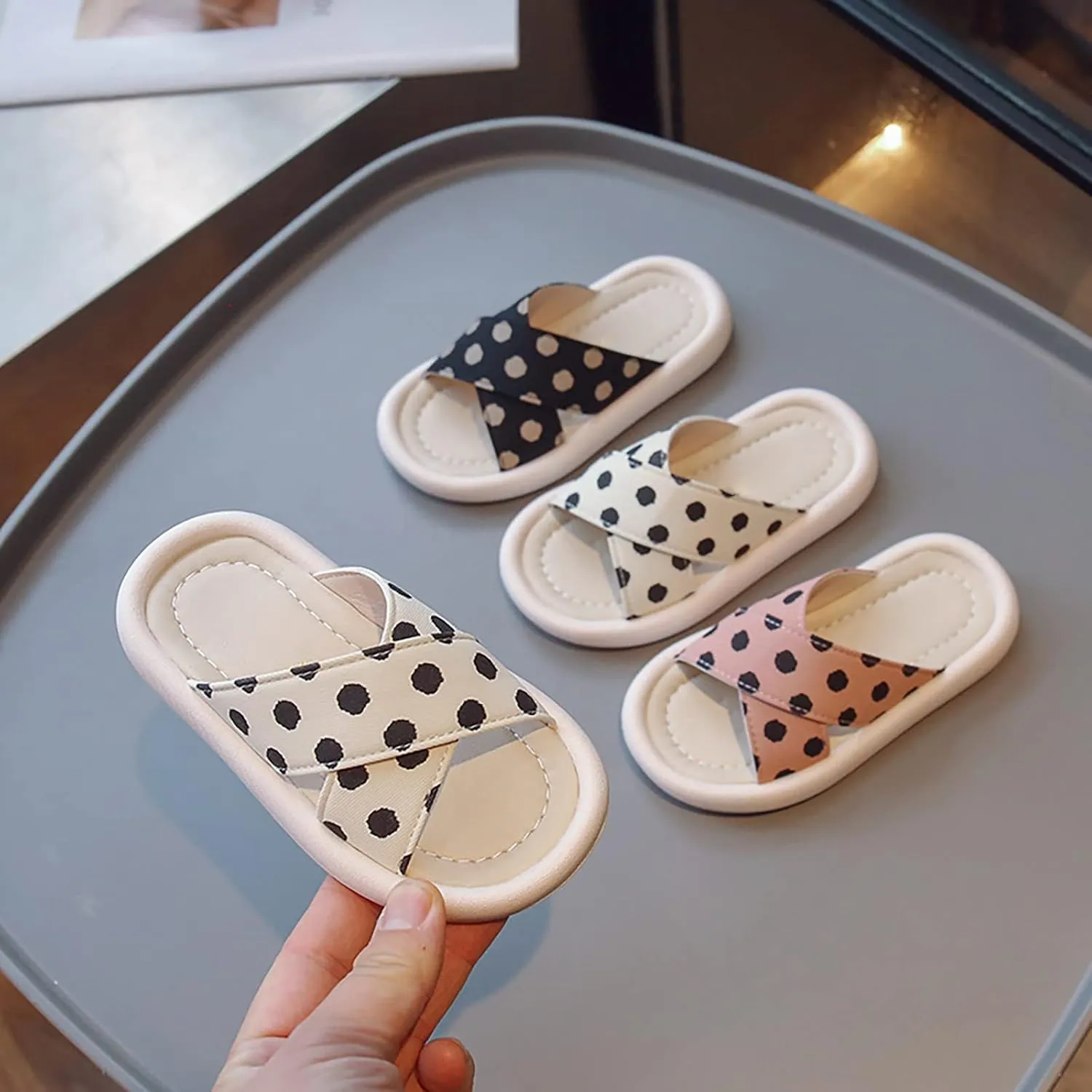 Girls Polka Dot Slides Soft Sole Anti Slip Open Toe Beach Swim Pool Water Sandals Kids Bedroom Slippers Little Girls