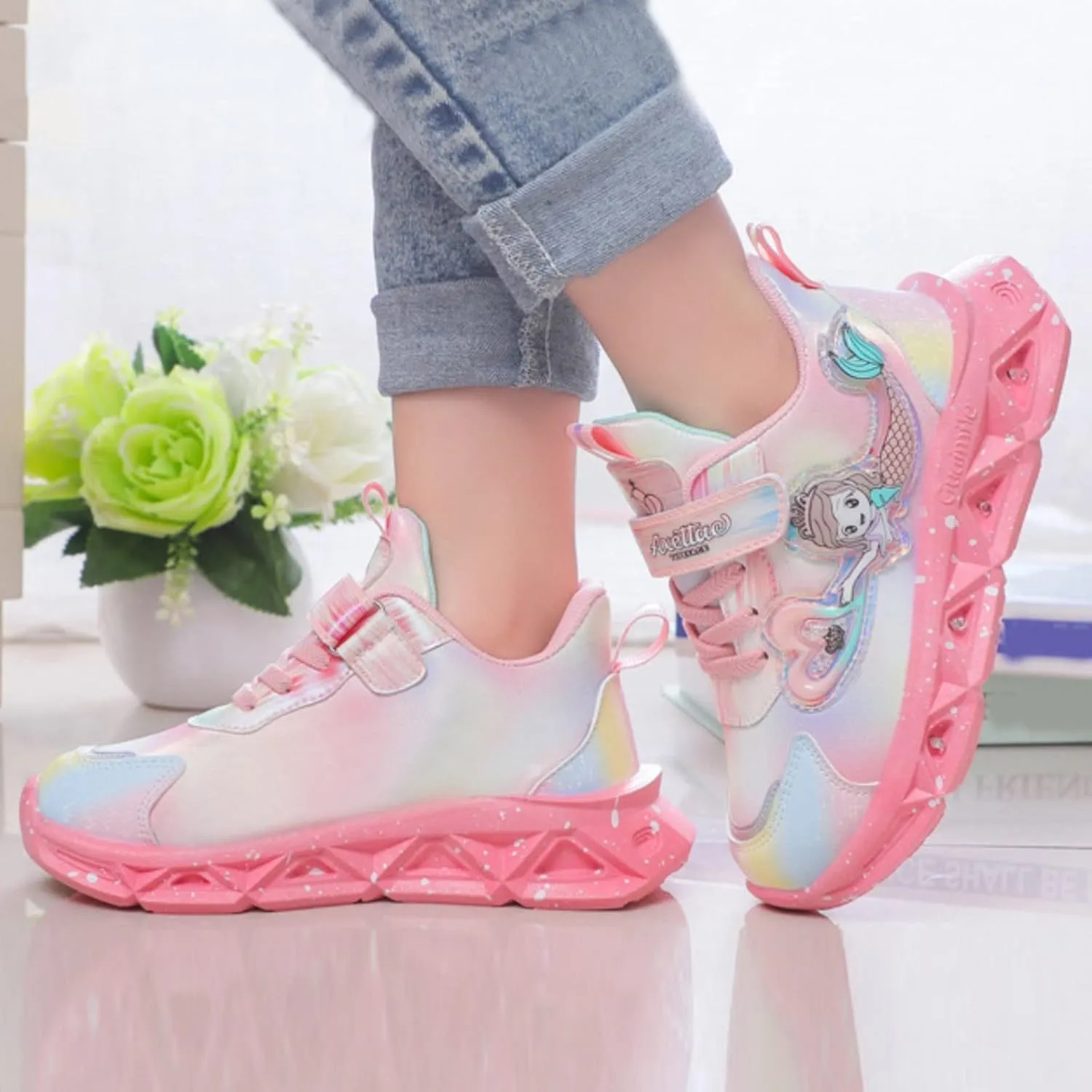 Girls Princess Shoes Slip On Light Up Shoes Mermai Shoes Breathable Mesh Sneakers Lightweight Girls Sneakers