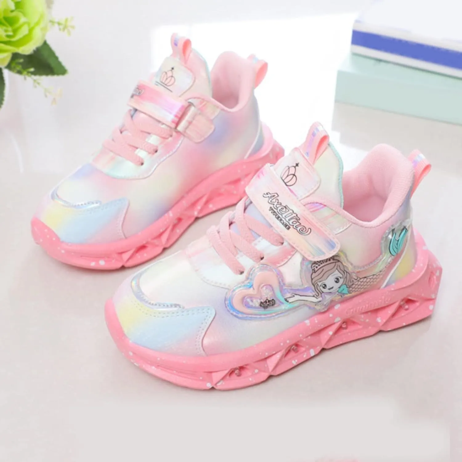 Girls Princess Shoes Slip On Light Up Shoes Mermai Shoes Breathable Mesh Sneakers Lightweight Girls Sneakers