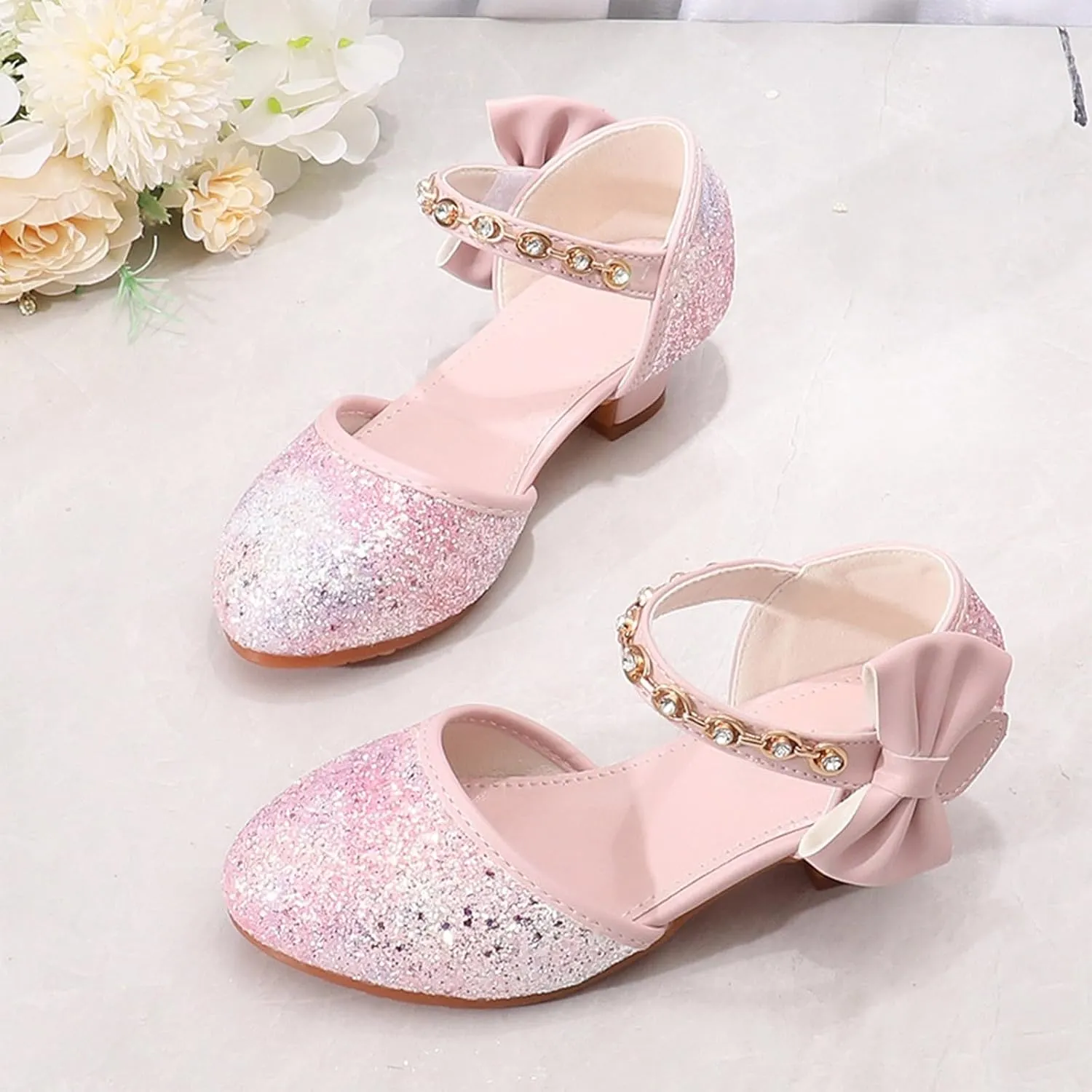 Girl's Sandals Soft Sole Girls Sandals High Heels Rhinestone Bow Princess Model Show Crystal Shoes