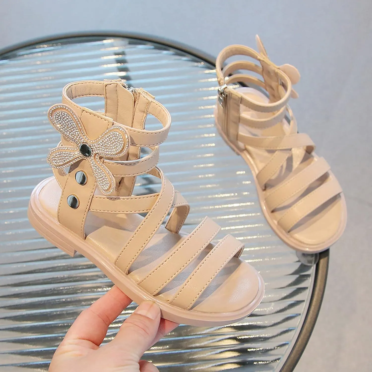 Girls' Sandals Summer Fashion Children's Rhinestone Roman Sandals Korean Edition Soft Sole Flat Leather Boots