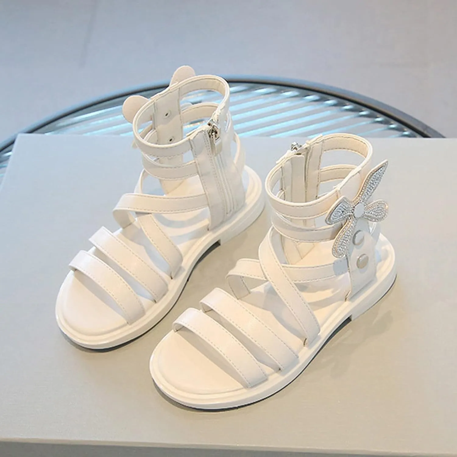 Girls' Sandals Summer Fashion Children's Rhinestone Roman Sandals Korean Edition Soft Sole Flat Leather Boots