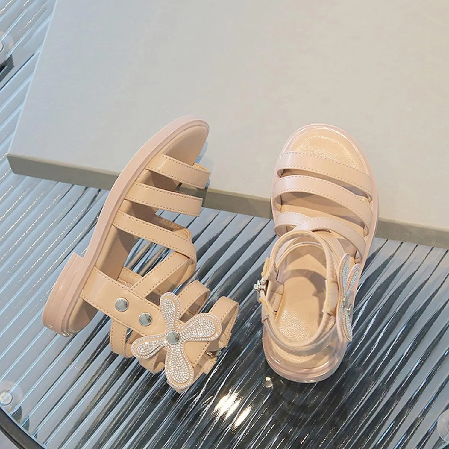 Girls' Sandals Summer Fashion Children's Rhinestone Roman Sandals Korean Edition Soft Sole Flat Leather Boots