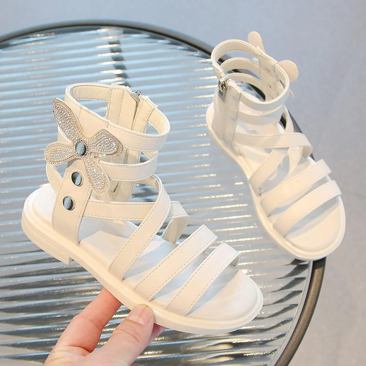 Girls' Sandals Summer Fashion Children's Rhinestone Roman Sandals Korean Edition Soft Sole Flat Leather Boots