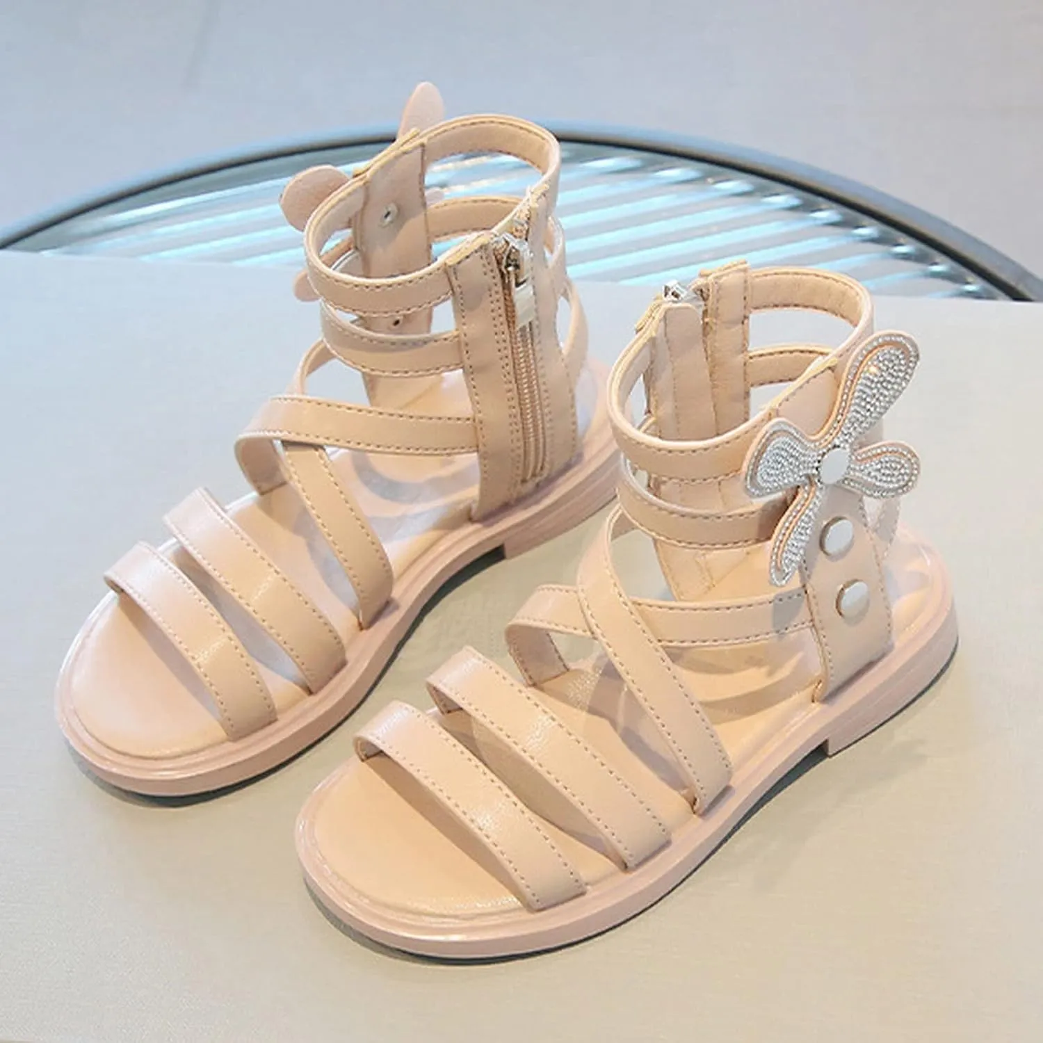 Girls' Sandals Summer Fashion Children's Rhinestone Roman Sandals Korean Edition Soft Sole Flat Leather Boots