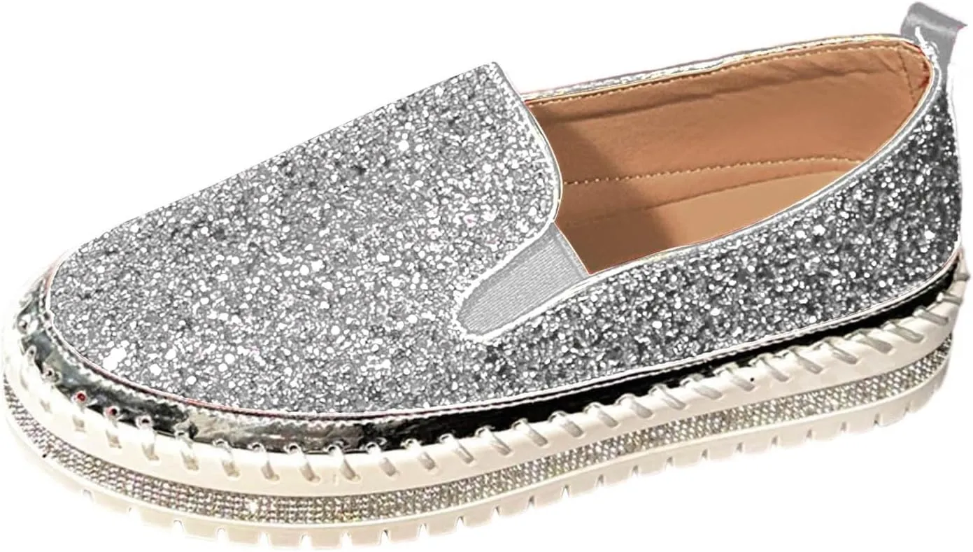 Glitter Sneakers for Women Slip On Sneakers Comfort Cute Loafers Walking Flat Loafer Platform Rhinestones Shoes