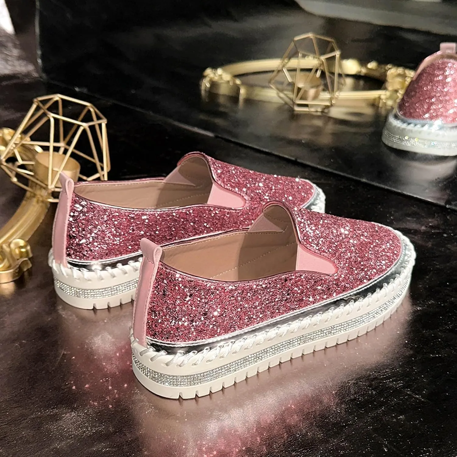 Glitter Sneakers for Women Slip On Sneakers Comfort Cute Loafers Walking Flat Loafer Platform Rhinestones Shoes