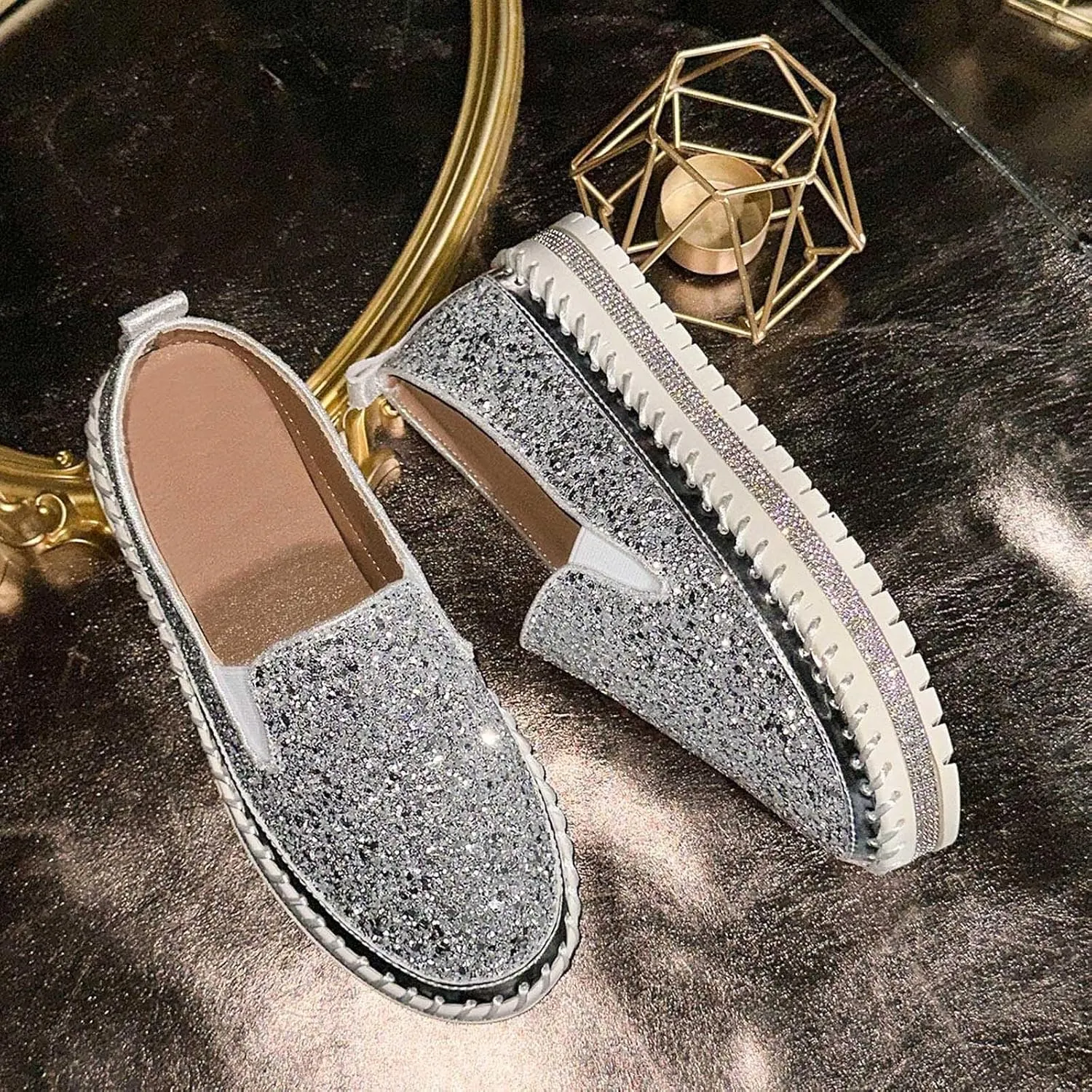 Glitter Sneakers for Women Slip On Sneakers Comfort Cute Loafers Walking Flat Loafer Platform Rhinestones Shoes