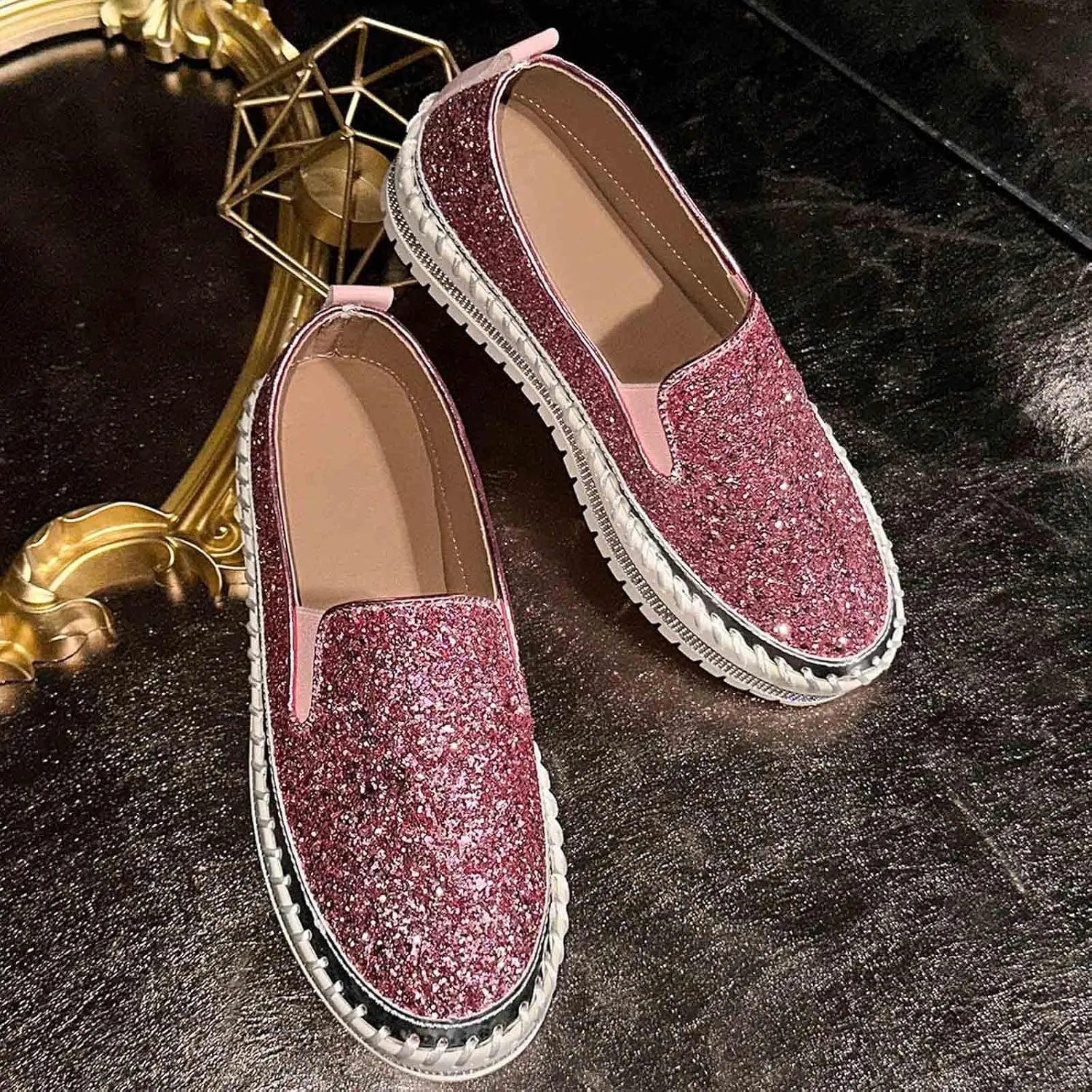 Glitter Sneakers for Women Slip On Sneakers Comfort Cute Loafers Walking Flat Loafer Platform Rhinestones Shoes