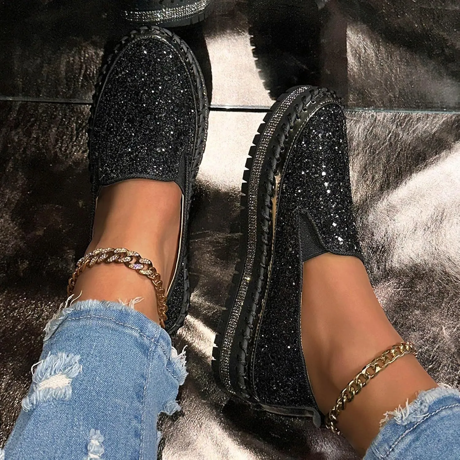 Glitter Sneakers for Women Slip On Sneakers Comfort Cute Loafers Walking Flat Loafer Platform Rhinestones Shoes