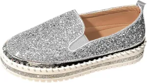 Glitter Sneakers for Women Slip On Sneakers Comfort Cute Loafers Walking Flat Loafer Platform Rhinestones Shoes