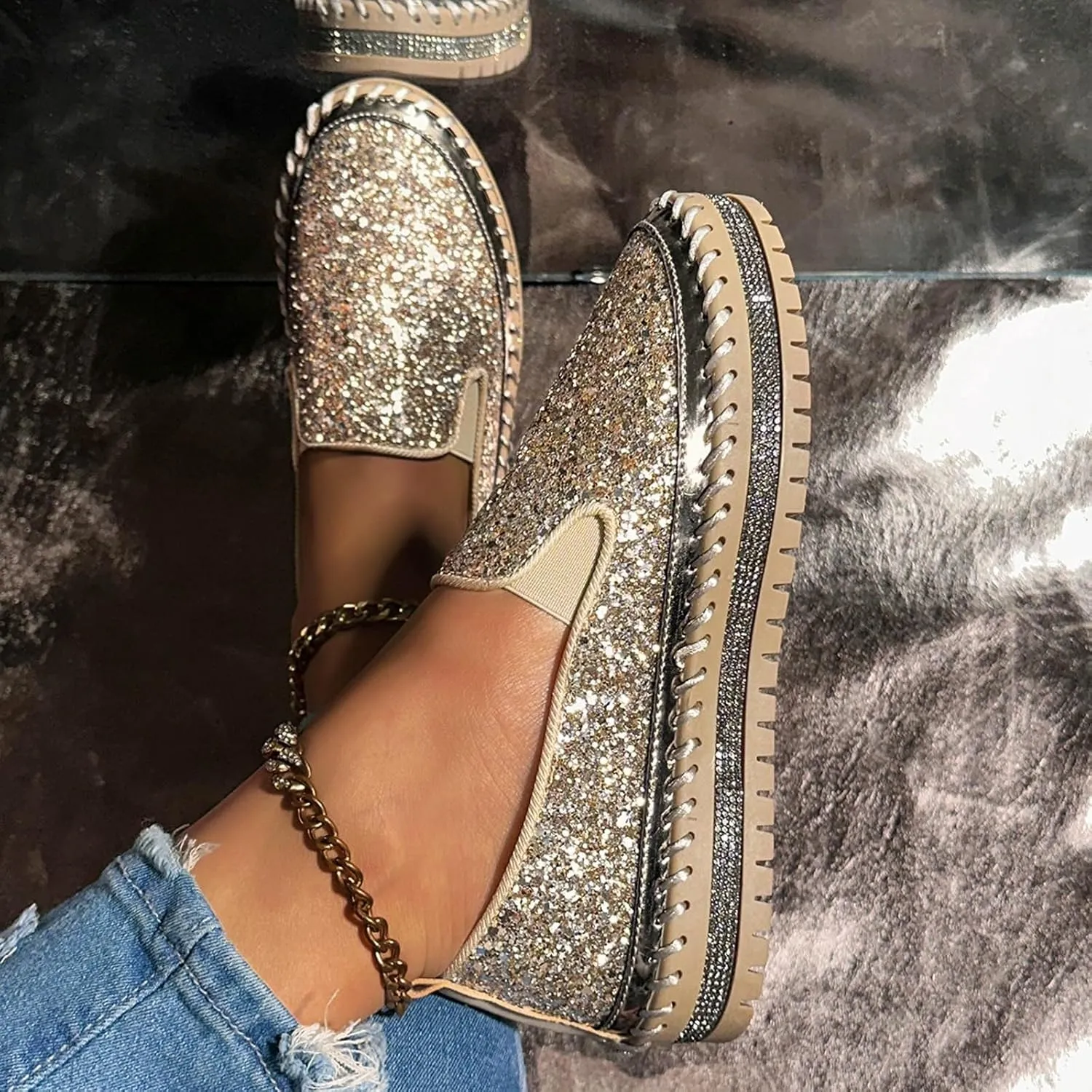 Glitter Sneakers for Women Slip On Sneakers Comfort Cute Loafers Walking Flat Loafer Platform Rhinestones Shoes