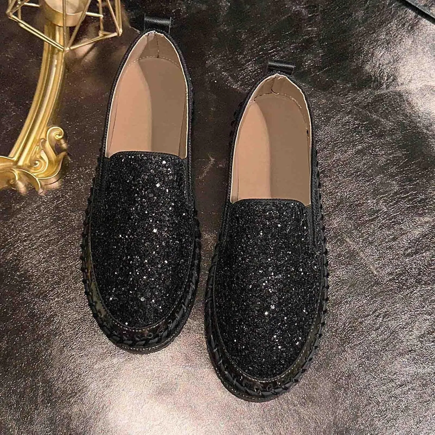 Glitter Sneakers for Women Slip On Sneakers Comfort Cute Loafers Walking Flat Loafer Platform Rhinestones Shoes