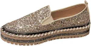 Glitter Sneakers for Women Slip On Sneakers Comfort Cute Loafers Walking Flat Loafer Platform Rhinestones Shoes