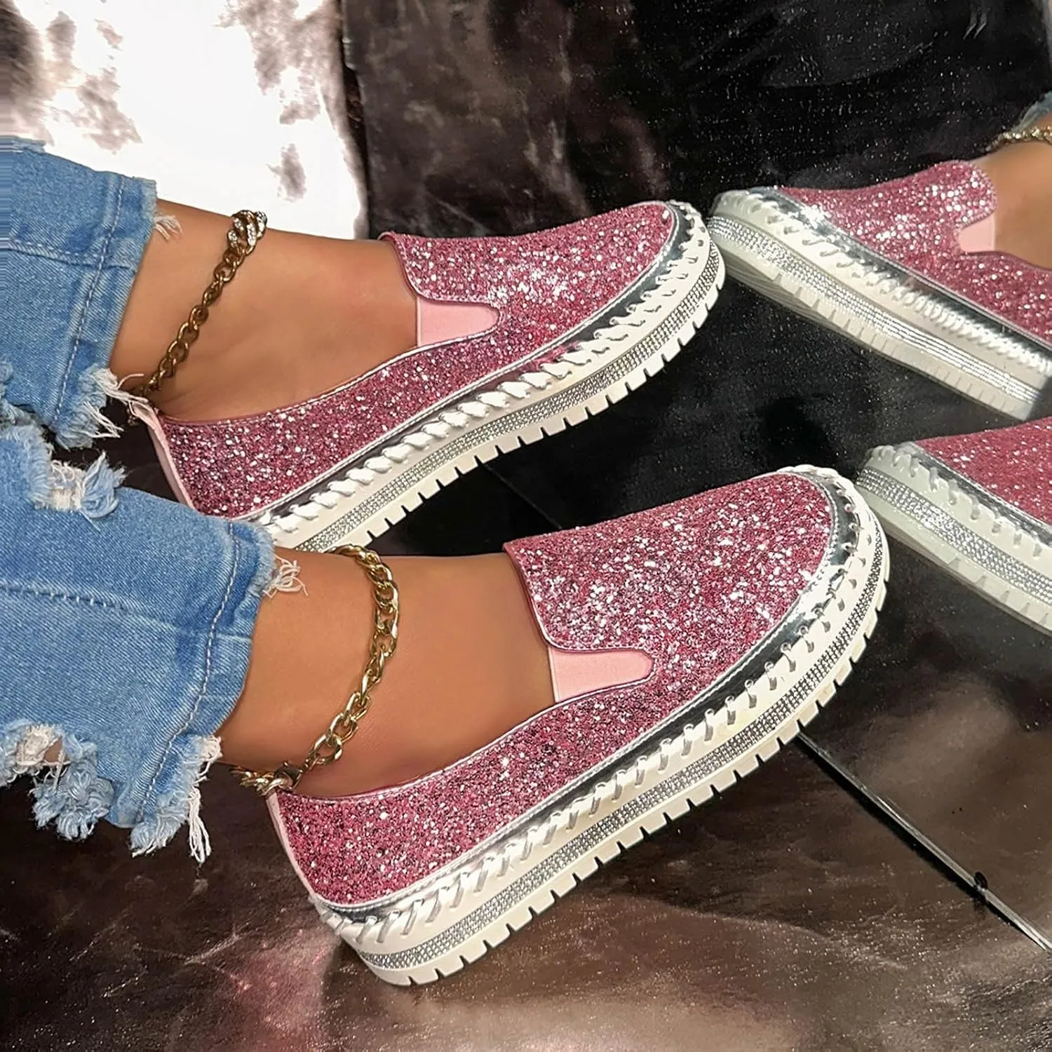 Glitter Sneakers for Women Slip On Sneakers Comfort Cute Loafers Walking Flat Loafer Platform Rhinestones Shoes