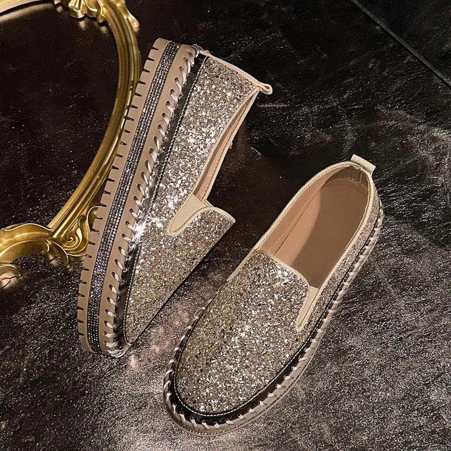 Glitter Sneakers for Women Slip On Sneakers Comfort Cute Loafers Walking Flat Loafer Platform Rhinestones Shoes