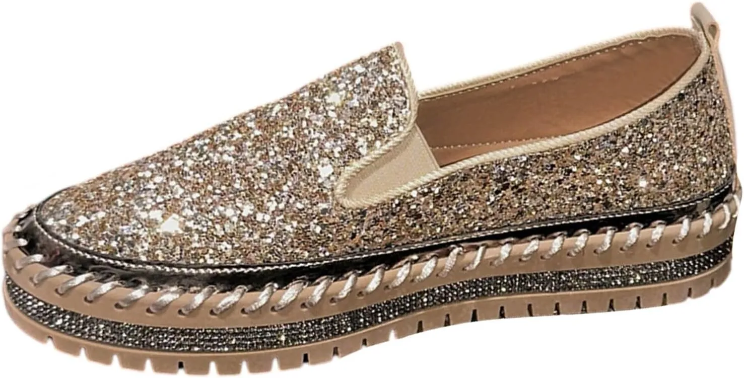 Glitter Sneakers for Women Slip On Sneakers Comfort Cute Loafers Walking Flat Loafer Platform Rhinestones Shoes