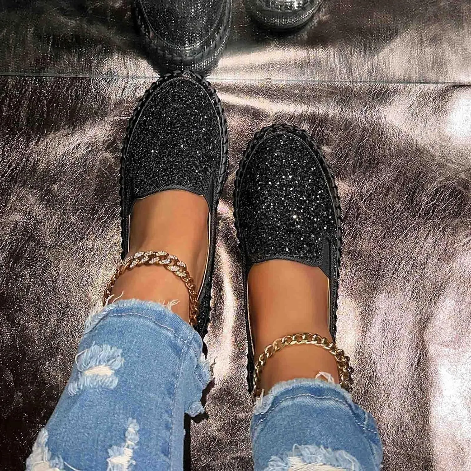 Glitter Sneakers for Women Slip On Sneakers Comfort Cute Loafers Walking Flat Loafer Platform Rhinestones Shoes