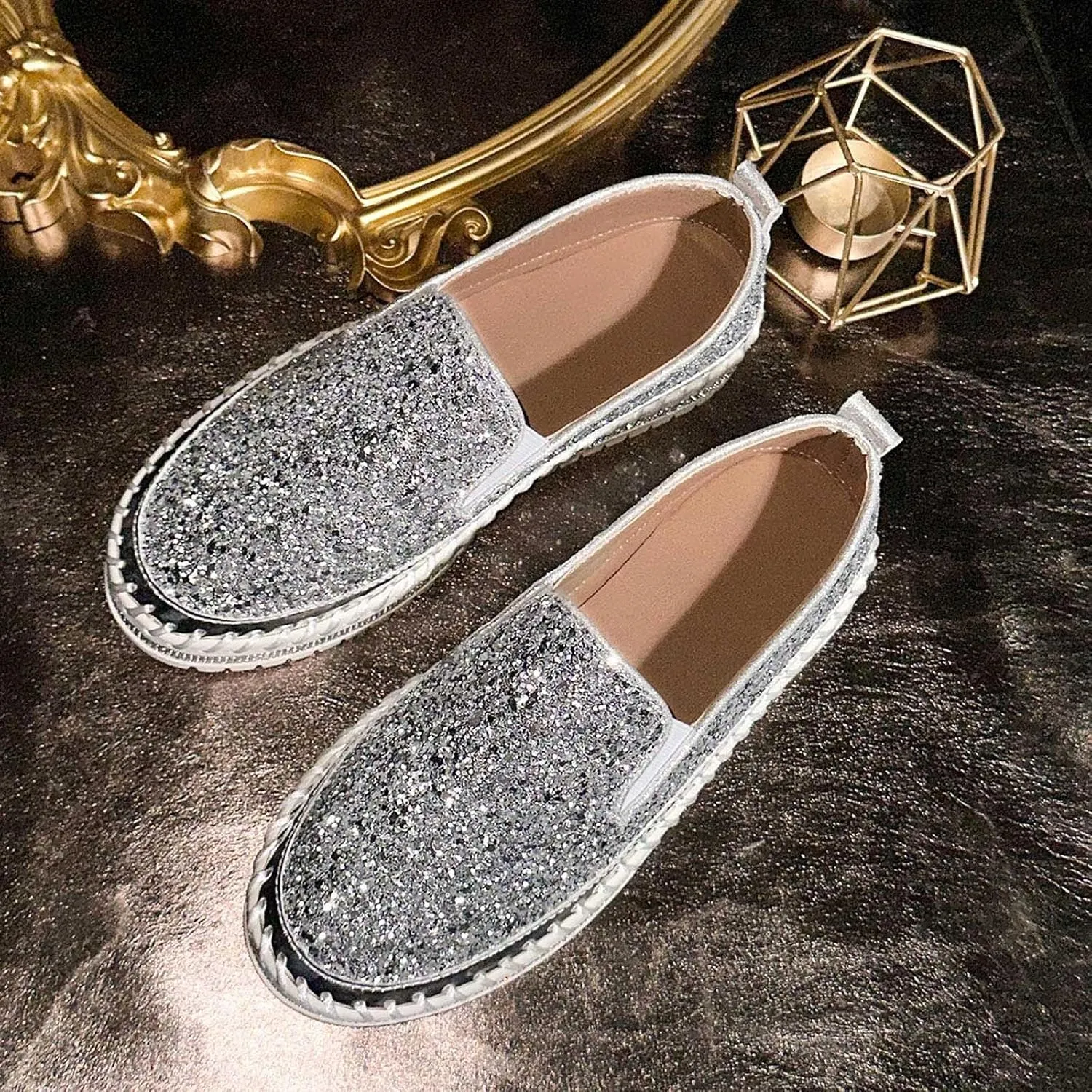 Glitter Sneakers for Women Slip On Sneakers Comfort Cute Loafers Walking Flat Loafer Platform Rhinestones Shoes