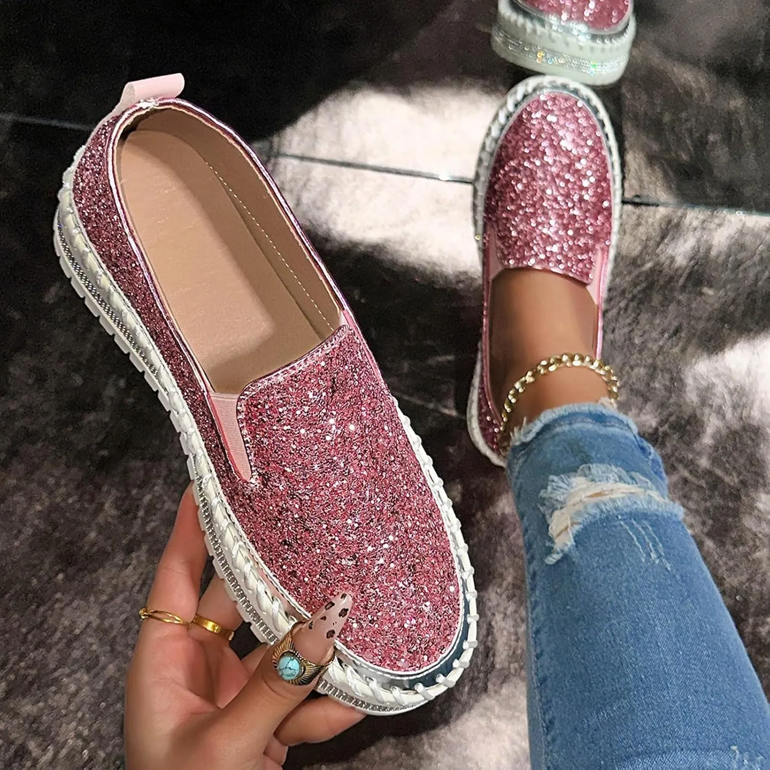 Glitter Sneakers for Women Slip On Sneakers Comfort Cute Loafers Walking Flat Loafer Platform Rhinestones Shoes